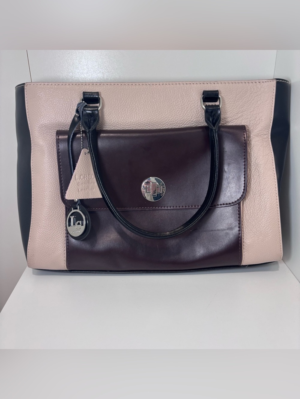 L. Credi Leather Bag Handbag Work Bag Tri-Color Tan Black Silver Hardware